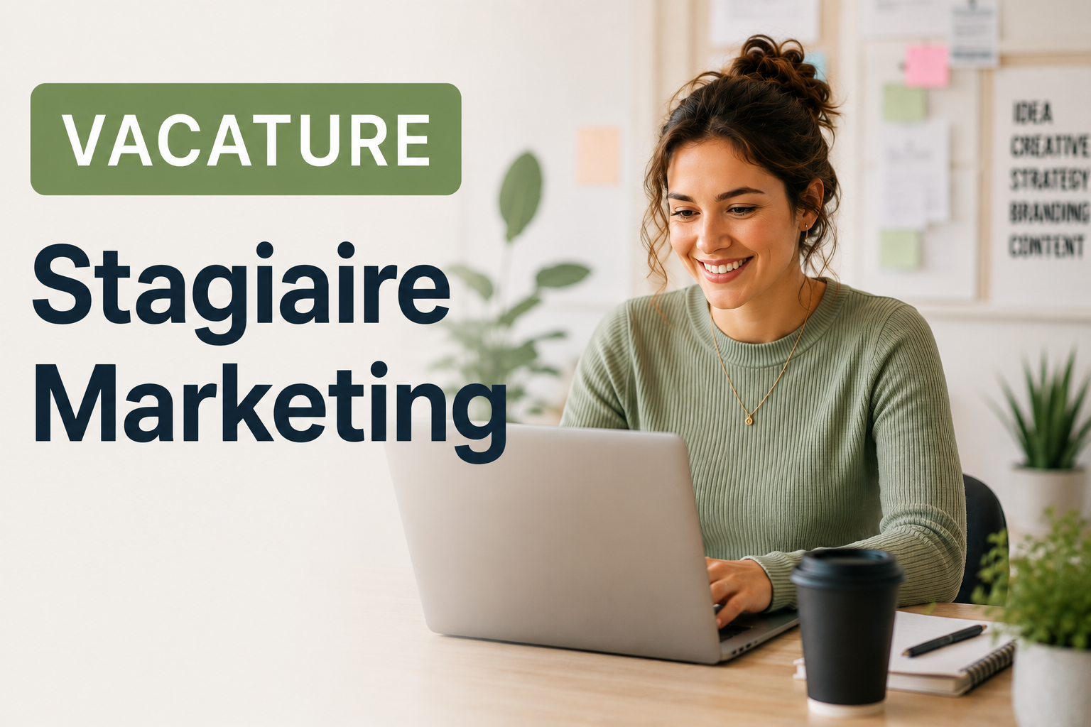 Stagiair Marketing — banner met student aan laptop